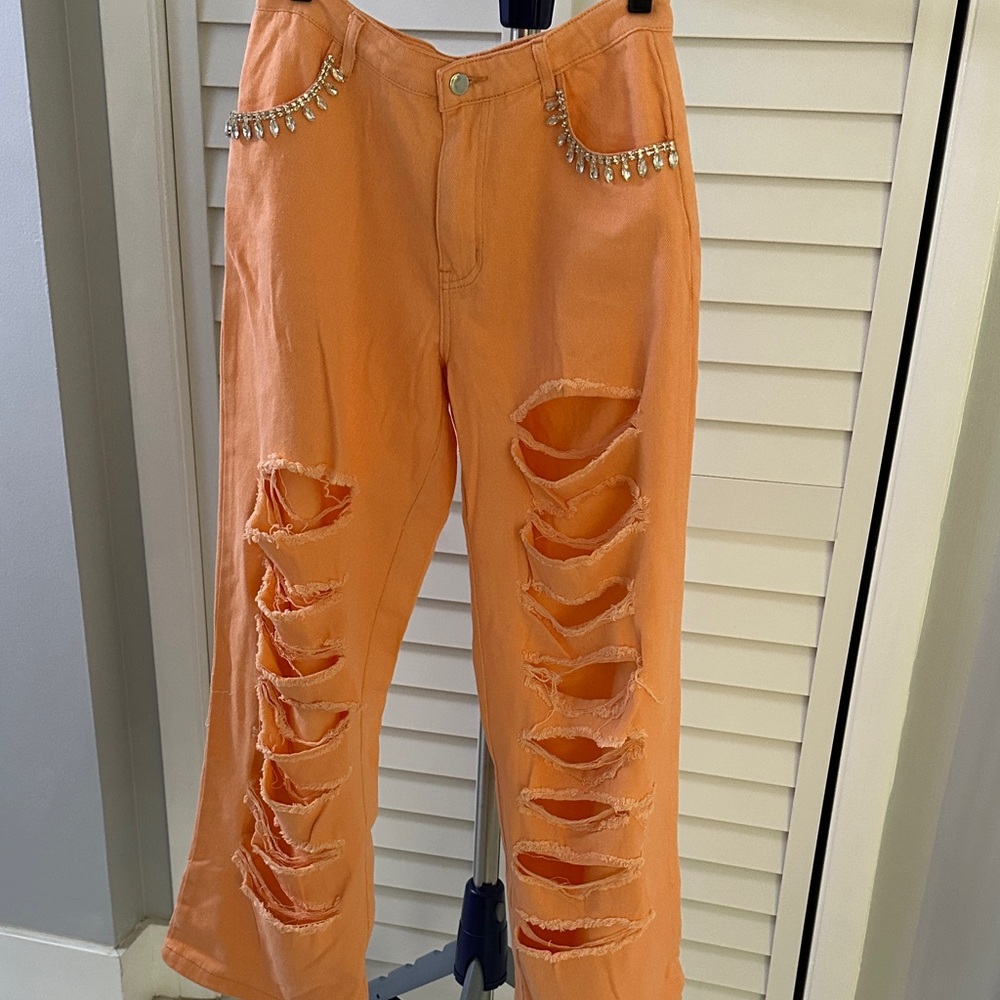 Orange Peach Ripped Jeans with Rhinestone Detail